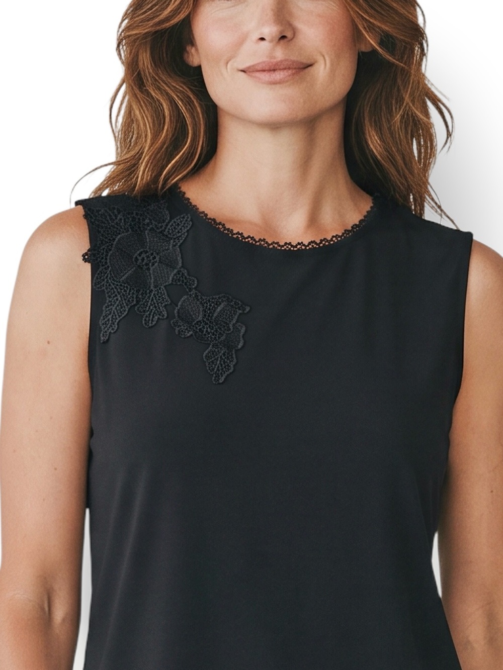 4/$20 Anne Klein Black Sleeveless Blouse Floral Lace Appliqué Keyhole Back Large